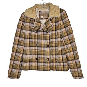 Buckle BKE Womens Cropped Peacoat Large Plaid Wool Blend Faux Fur Collar